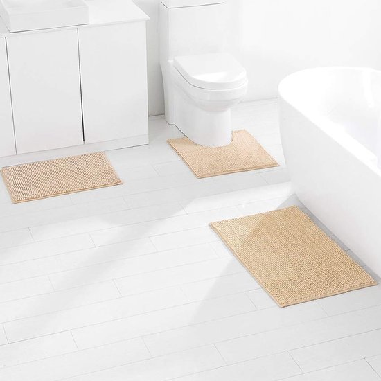 Unyqoos® Luxueuze Antislip Badmatset met Hoge Waterabsorptie en Zachte Microvezel, 3-Delige Set in Camelkleur