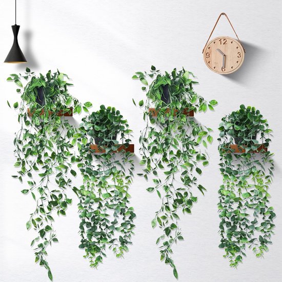 Unyqoos ® Set van 4 Realistisch Uitziende Hangende Kunstplanten in Elegante Zwarte Potten voor Binnen- en Buitendecoratie