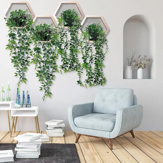 Unyqoos ® Set van 4 Realistisch Uitziende Hangende Kunstplanten in Elegante Zwarte Potten voor Binnen- en Buitendecoratie