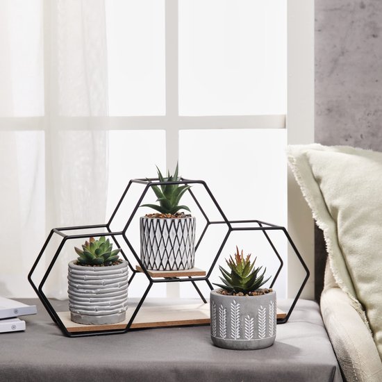 Unyqoos ® Moderne Set van 3 Geometrische Kunstplanten met Metalen en Houten Stand voor Woondecoratie