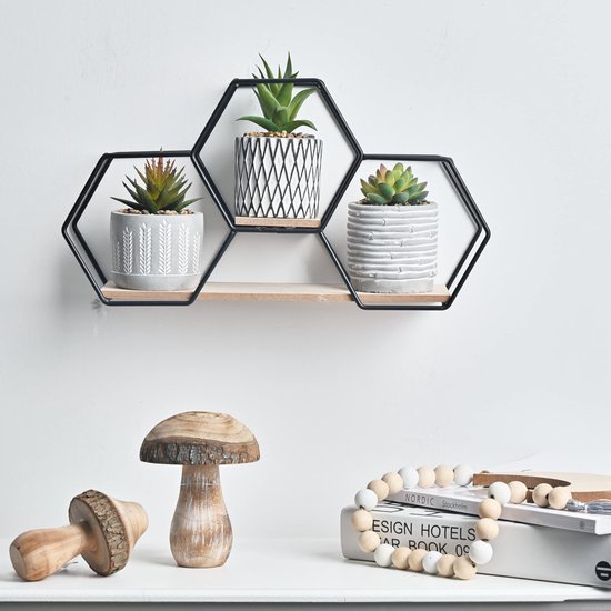 Unyqoos ® Moderne Set van 3 Geometrische Kunstplanten met Metalen en Houten Stand voor Woondecoratie