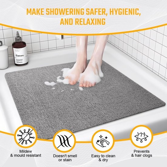 Unyqoos® Grijze antislip douchemat met sneldrogende afvoergaten en zacht comfort