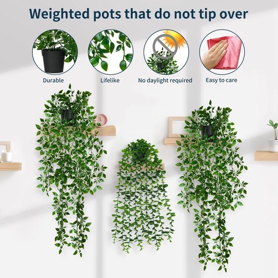 Unyqoos ® Levensechte Hangende Groene Kamerplanten voor Binnen- en Buitendecoratie, Set van 3 Stuks
