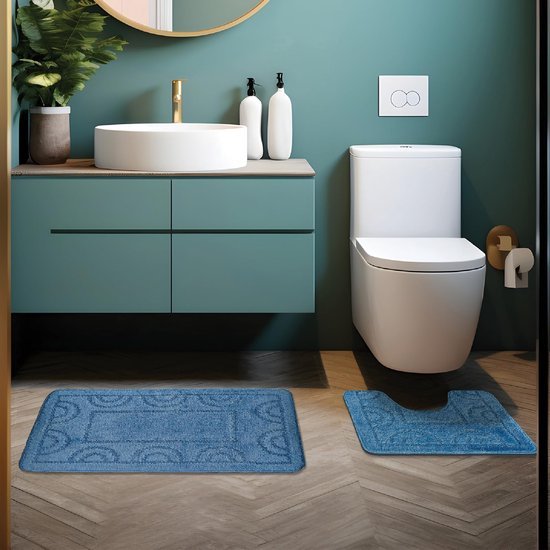 550x550-21029.jpg Unyqoos® 3-delige Badkamermattenset met Rechthoekige Mat en Twee WC-matten - Lichtblauw en Sneldrogend