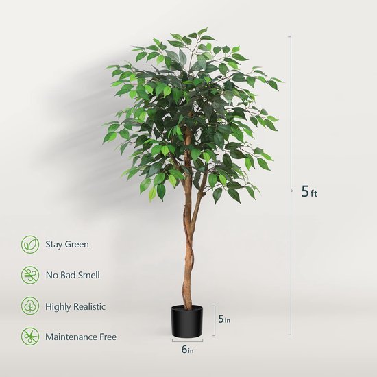 Unyqoos® Decoratieve kunstplant Ficus Benjamina van 150 cm voor interieur en kantoor