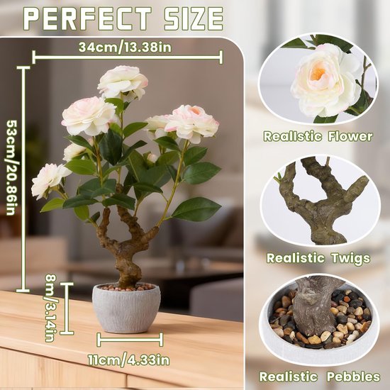 Unyqoos® Realistische decoratieve camellia plant in stenen pot voor huis en kantoor