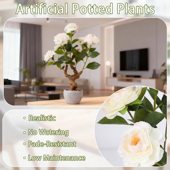 Unyqoos® Realistische decoratieve camellia plant in stenen pot voor huis en kantoor