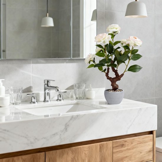 Unyqoos® Realistische decoratieve camellia plant in stenen pot voor huis en kantoor