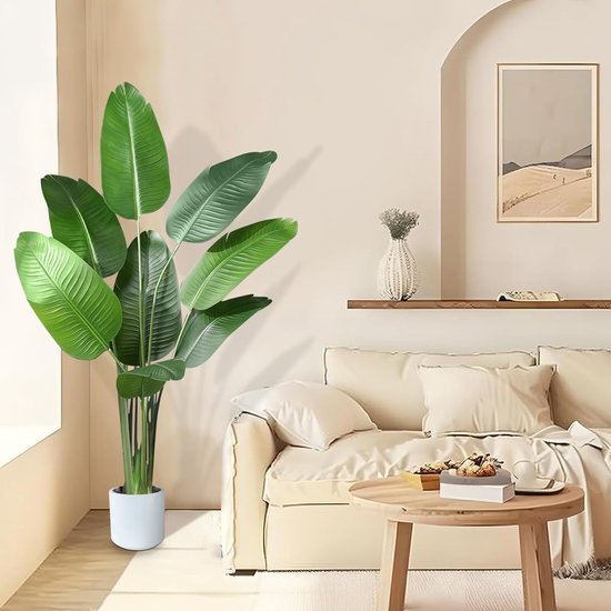 Unyqoos® Grote kunstbanaanboom van 120 cm hoog in elegante witte pot voor elk interieur
