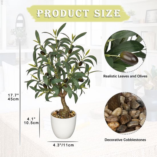 Unyqoos® Kunstmatige Olijfboom voor Binnen- en Buitendecoratie, 45 cm Hoog, Inclusief Pot en Realistische Olijven