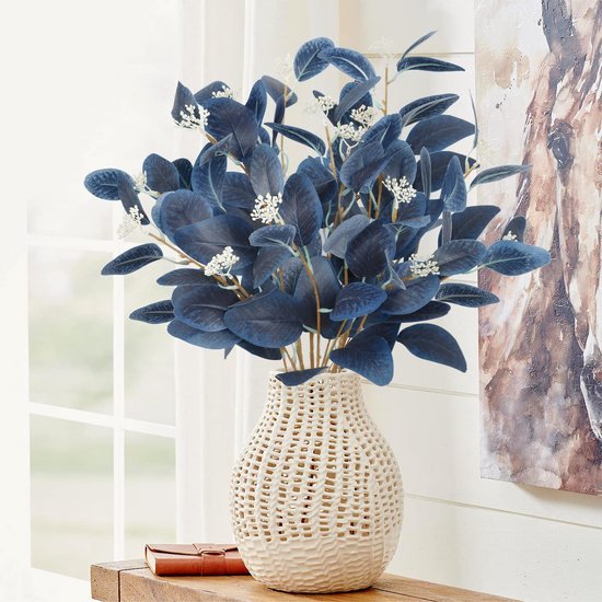 Unyqoos® Set van 12 Blauwe Eucalyptus Kunsttakken voor Stijlvolle Binnenhuisdecoratie, blauw, 50 cm