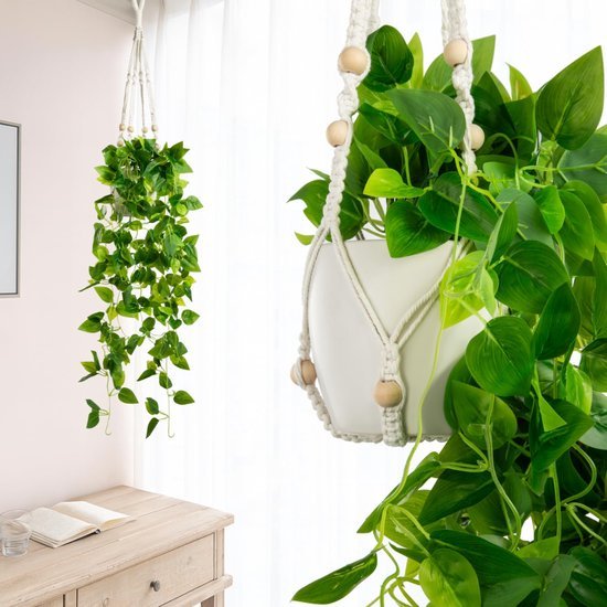 Unyqoos® Decoratieve kunstklimop in keramische pot met handgemaakte macraméhanger