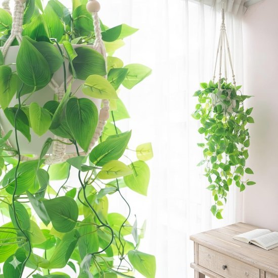 Unyqoos® Decoratieve kunstklimop in keramische pot met handgemaakte macraméhanger