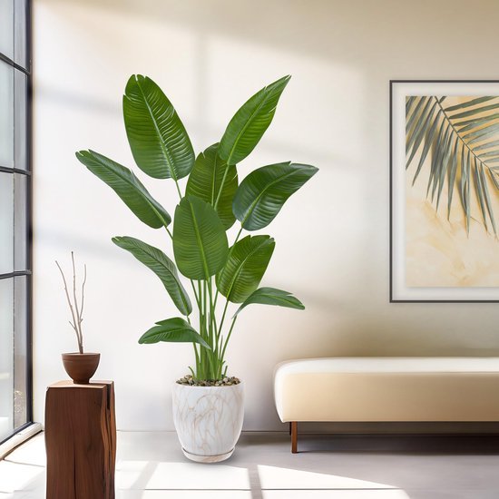 Unyqoos® Grote Tropische Bananenboom van 180 cm met Realistische Bladeren en Witte Pot