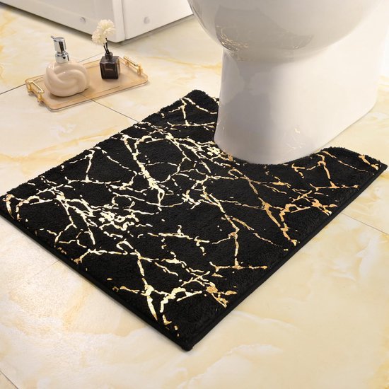 Unyqoos® Zwarte en Goudkleurige Luxe Badkamer Antislip Mat met Uitsparing, Zachte Microvezel, 50 x 50 cm