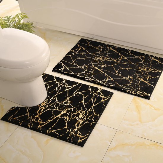 Unyqoos® Zwarte en Goudkleurige Luxe Badkamer Antislip Mat met Uitsparing, Zachte Microvezel, 50 x 50 cm
