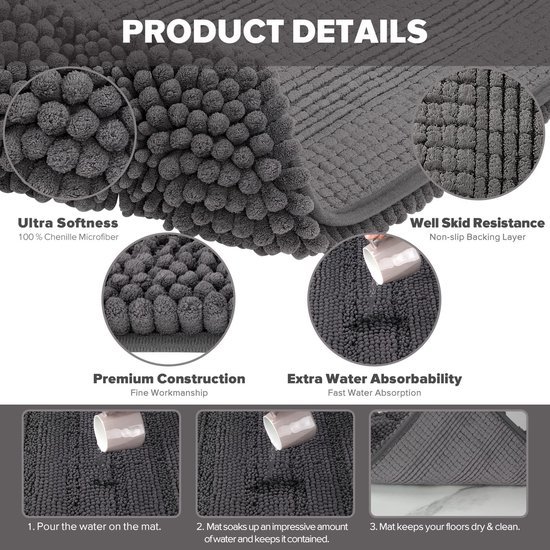Unyqoos® Grijze microvezel badmat met antislip en hoog absorptievermogen voor badkamer