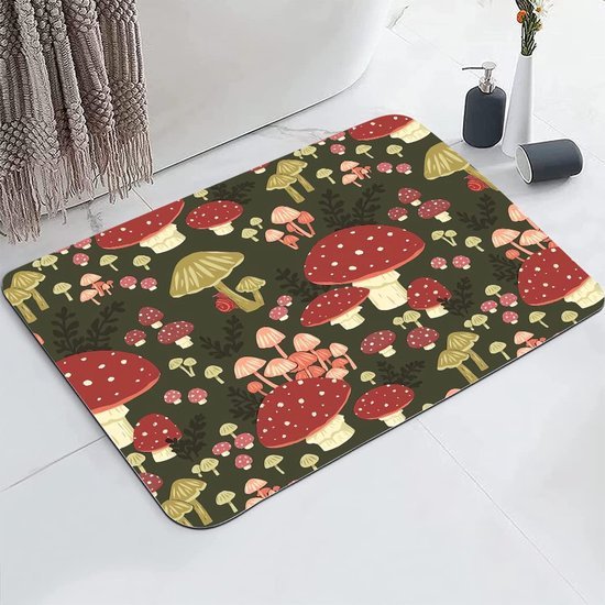 Unyqoos® Absorberende en Sneldrogende Antislip Badkamermat met Grappige Rode Paddenstoelen Motief, 42 x 60 cm