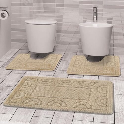 Unyqoos® Badekamer Tapijtset - Drie Stuks - Rektangulaire Mat 50x80 cm en Twee WC Matten 50x40 cm - Antislip en Snel Droog - Beige