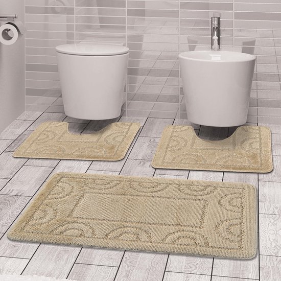 Unyqoos® Badekamer Tapijtset - Drie Stuks - Rektangulaire Mat 50x80 cm en Twee WC Matten 50x40 cm - Antislip en Snel Droog - Beige