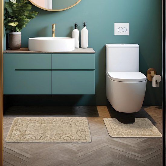 Unyqoos® Badekamer Tapijtset - Drie Stuks - Rektangulaire Mat 50x80 cm en Twee WC Matten 50x40 cm - Antislip en Snel Droog - Beige