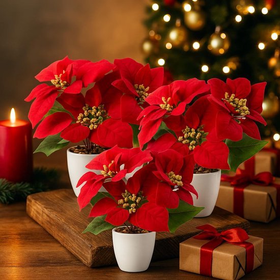 Unyqoos® Set van drie kunstkerststerren in elegante keramische pot voor feestelijke decoratie