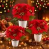 Unyqoos® Set van drie kunstkerststerren in elegante keramische pot voor feestelijke decoratie