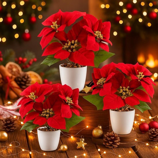 Unyqoos® Set van drie kunstkerststerren in elegante keramische pot voor feestelijke decoratie