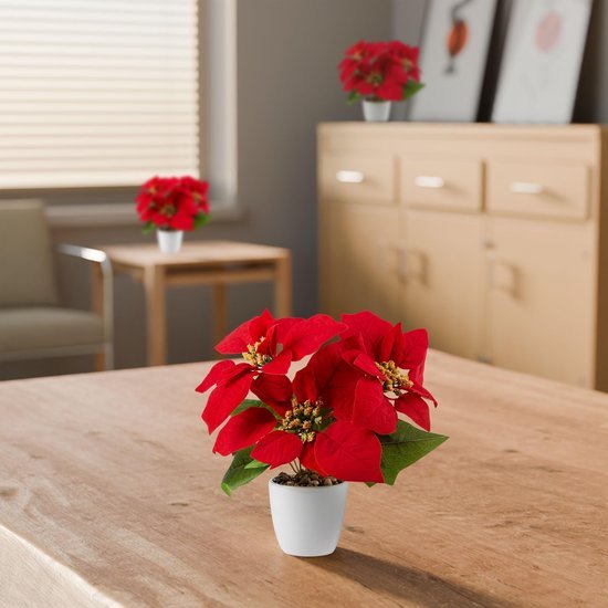 Unyqoos® Set van drie kunstkerststerren in elegante keramische pot voor feestelijke decoratie