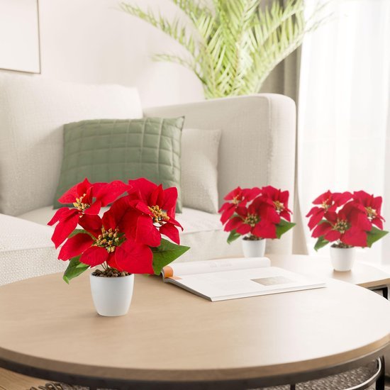 Unyqoos® Set van drie kunstkerststerren in elegante keramische pot voor feestelijke decoratie