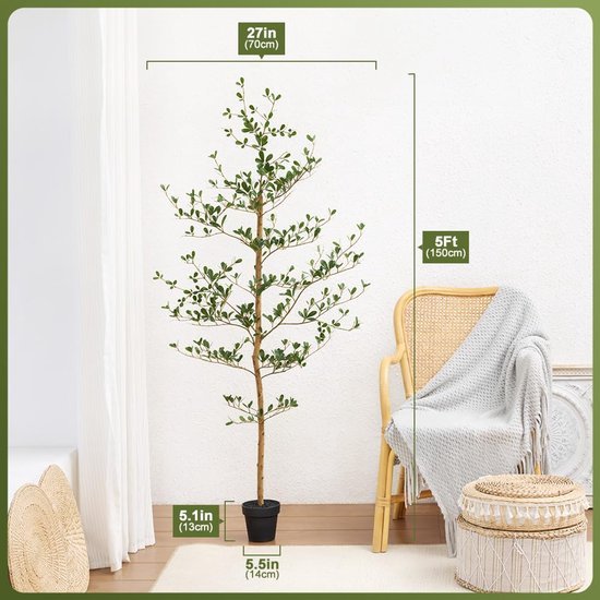 Unyqoos® Kunstplant van 150 cm met natuurlijk ogende houten stam en 273 bladeren voor binnen en buiten