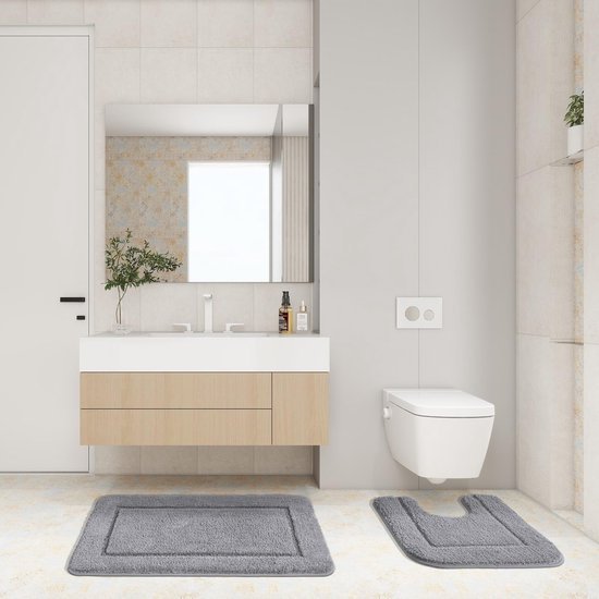 Unyqoos® Grijze badmatten set van microvezel met antislip en sneldrogende eigenschappen