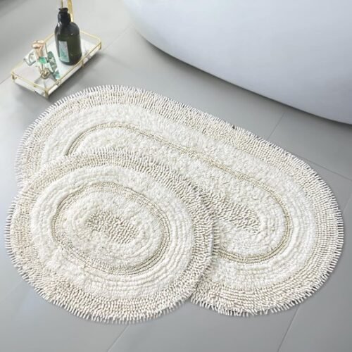 550x550-22861.jpg Unyqoos® Set van twee ovale crèmekleurige badmatten voor badkamer en toilet