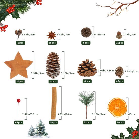 Unyqoos® Complete set voor kerstdecoratie met natuurlijke materialen en kunsttakken