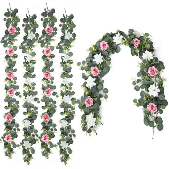Unyqoos® Set van 4 kunstbloemenguirlandes met rozen en dahlia's voor decoratie