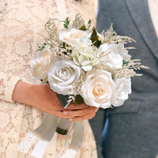 Unyqoos® Handgemaakte bruidsboeket met zijde bloemen en decoratieve linten
