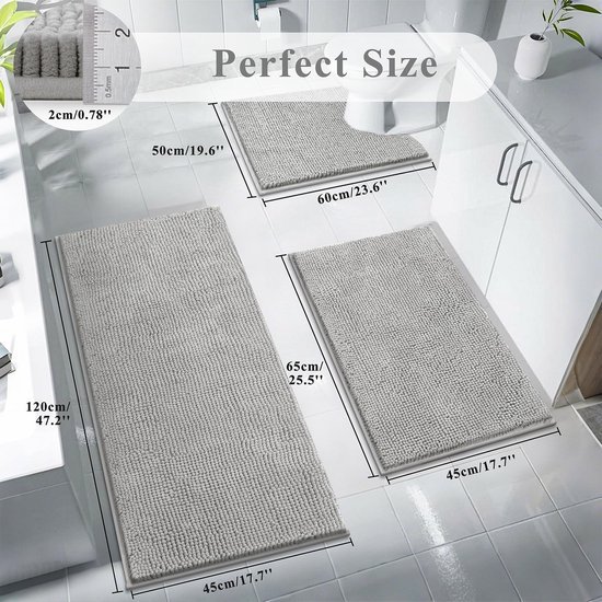 Unyqoos® Set van 3 Luxe Grijze Badmatten met Antislip en Chenille Comfort voor Badkamer