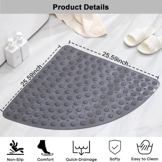 Unyqoos® Grijze driehoekige antislip douchemat met zuignappen en schimmelbestendig ontwerp