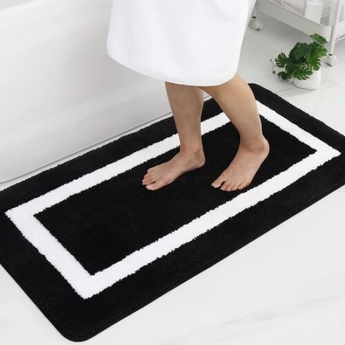 Unyqoos® Zwarte hoogpolige badmat met antislip en wasbare microvezels 60x120 cm