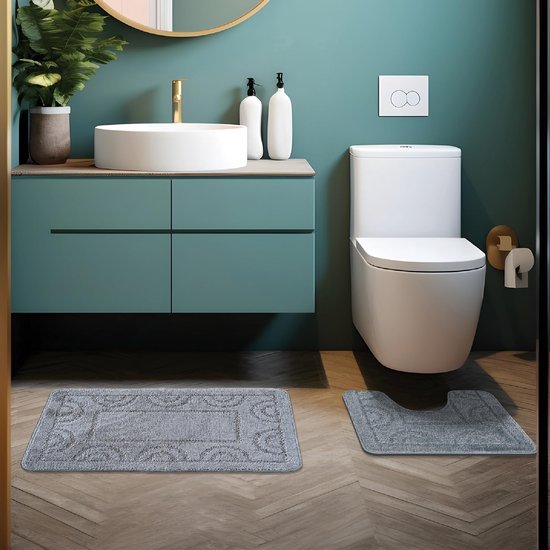550x550-23459.jpg Unyqoos® Badekamer Tapijtenset van Drie Stuks met Ronde en Rechthoekige Matten in Grijs