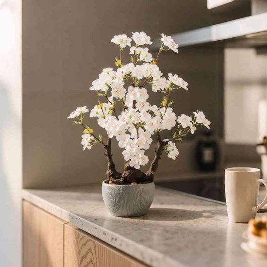 Unyqoos® Realistische kunstmatige kersenbloesem in stenen pot voor stijlvolle interieurdecoratie