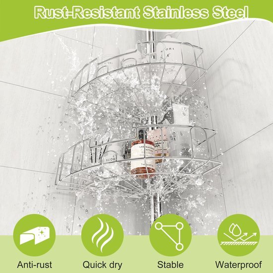 Unyqoos ® Innovatieve Telescopische Doucheplank zonder Boren met Verstelbare Hoogte en Roestvrijstalen Manden