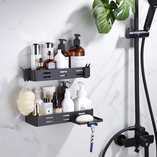 Unyqoos ® Moderne Zwarte Doucheplank Set met Extra Opbergruimte en Stabiele Bevestiging