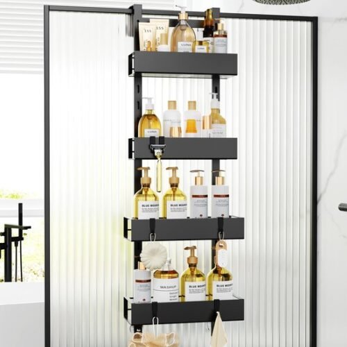 Unyqoos ® Verstelbare Opknaphangende Doucheplank met Haken voor Frameloze Deuren, Zwart, 4 Stuks