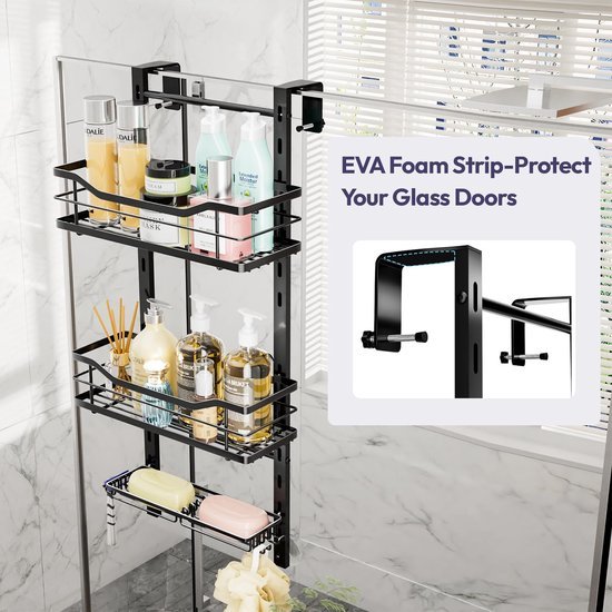Unyqoos ® Verstelbaar Doucheplankje voor Glazen Deur - RVS Ophangrek met Haken en Zeepbakje