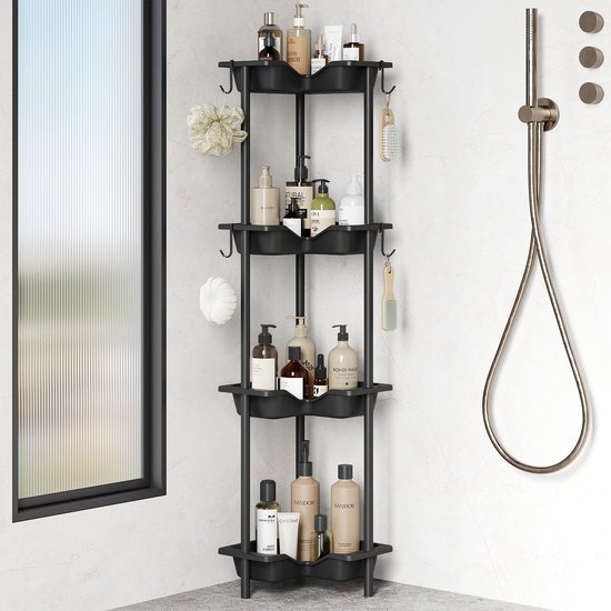 Unyqoos ® Stijlvolle Vrijstaande Doucheplanken Set van 4 met Vier Niveaus en Haken voor Badkamerorganisatie