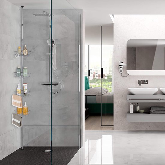 Unyqoos ® Telescopisch Hoekrek voor Badkamer zonder Boren met Verstelbare Douchemanden en Haken