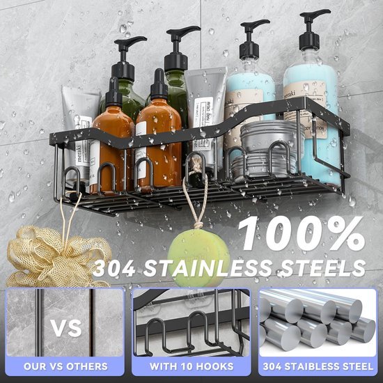 Unyqoos ® Innovatieve Zelfklevende Doucheplankset voor Badkamer en Keukenorganisatie, Zwart, 6-delig