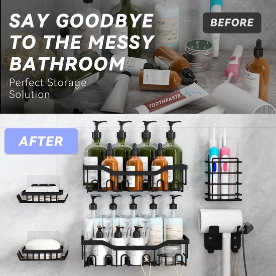 Unyqoos ® Innovatieve Zelfklevende Doucheplankset voor Badkamer en Keukenorganisatie, Zwart, 6-delig