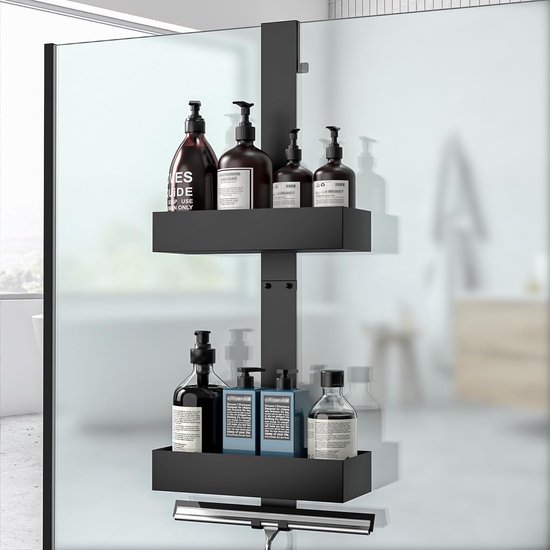 Unyqoos ® Handige Ophangbare Doucheplank voor Frameloze Deuren, Badkamer Organizer, Zwart, Zonder Boren Nodig